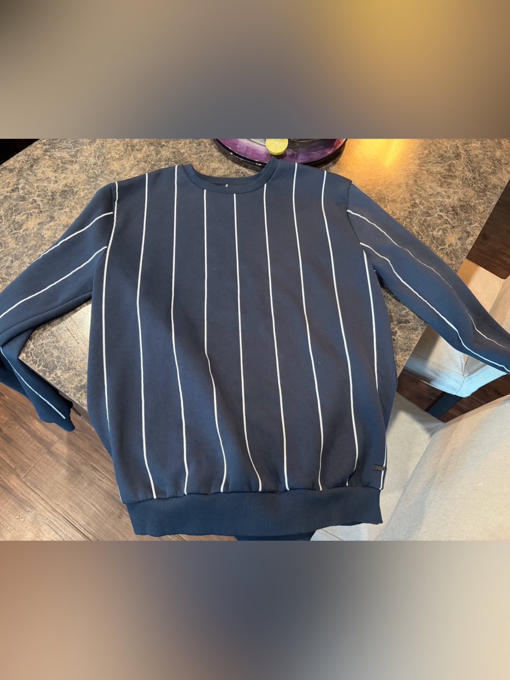 Men's Navy Crewneck Sweater with White Pinstripes